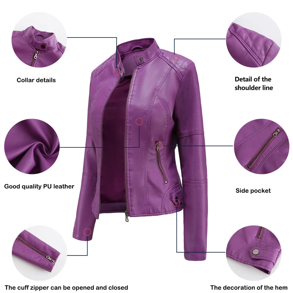 Women's Leather Jacket Women's Slim-Fit Jacket Thin Autumn Jacket Women's Biker Jacket Large Size Standing Collar Leather Jacket