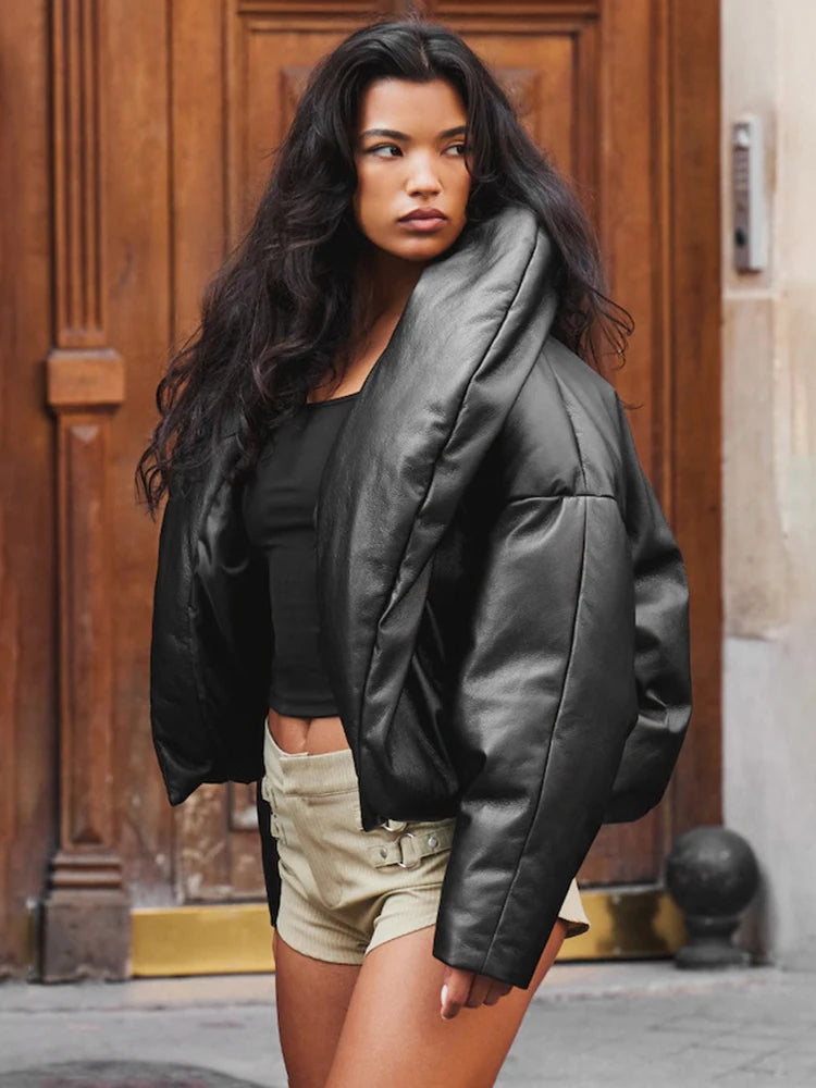 Kliou Faux Leather Puffer Coats Woman Winter Warm Trend Stand Collar Full Sleeve High Street Casual Fashion Style Crop Jacket