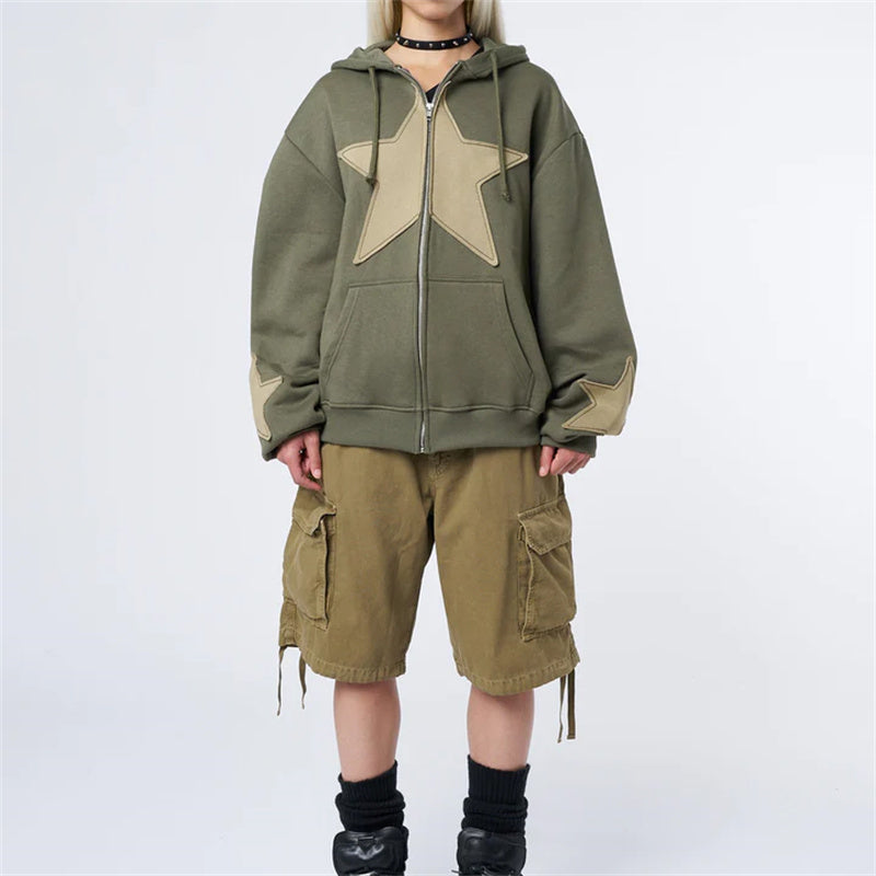 Women's Graphic Hoodie Y2k Zip Up Hoodies Star Patchwork Oversized Sweatshirt with Drawstring Aesthetic Pullover with Hood Shirt