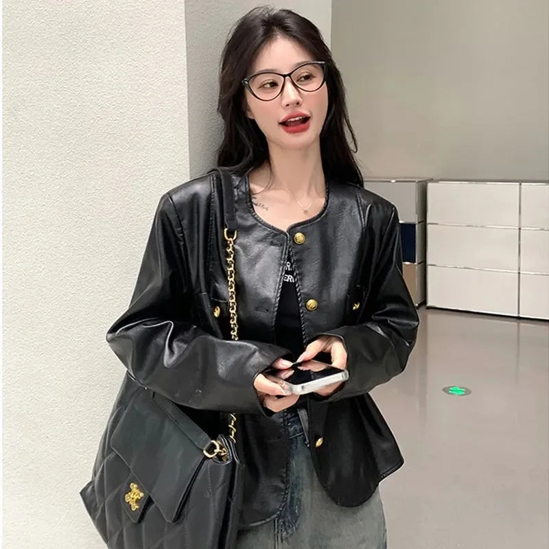 Small Fragrance Leather Jacket Women's Spring Autumn 2026New PU Leather Coat Lady Short High Sense Outerwear Popular Female Tops