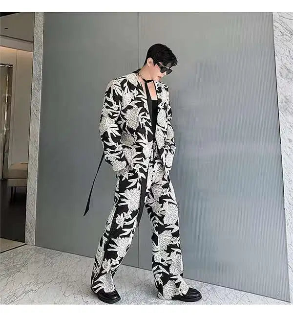 IEFB Niche Design Men's Two-piece Collarless Embroidery Blazer Loose Straight Suit Pants Contrast Color Male Sets New 9C7485