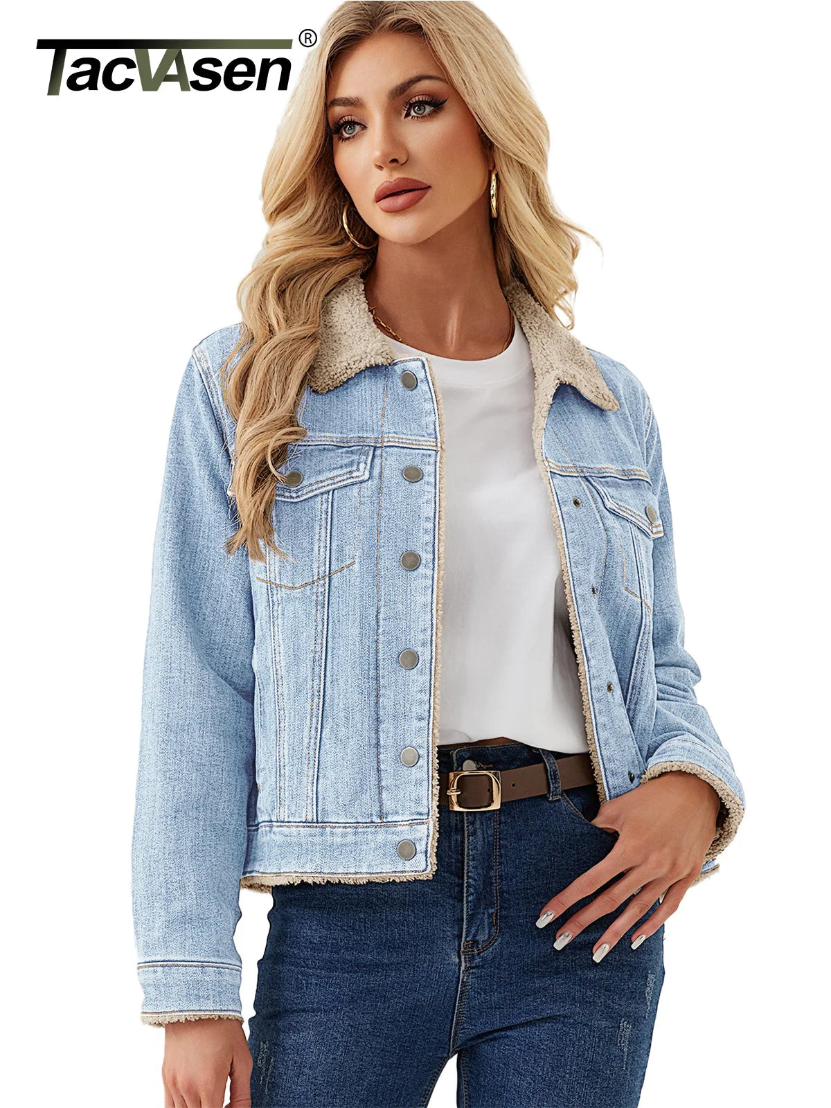TACVASEN Women's Sherpa Lined Denim Jacket Winter Warm Fleece Trucker Coat Classic Button Down Outerwear with Multi-Pockets