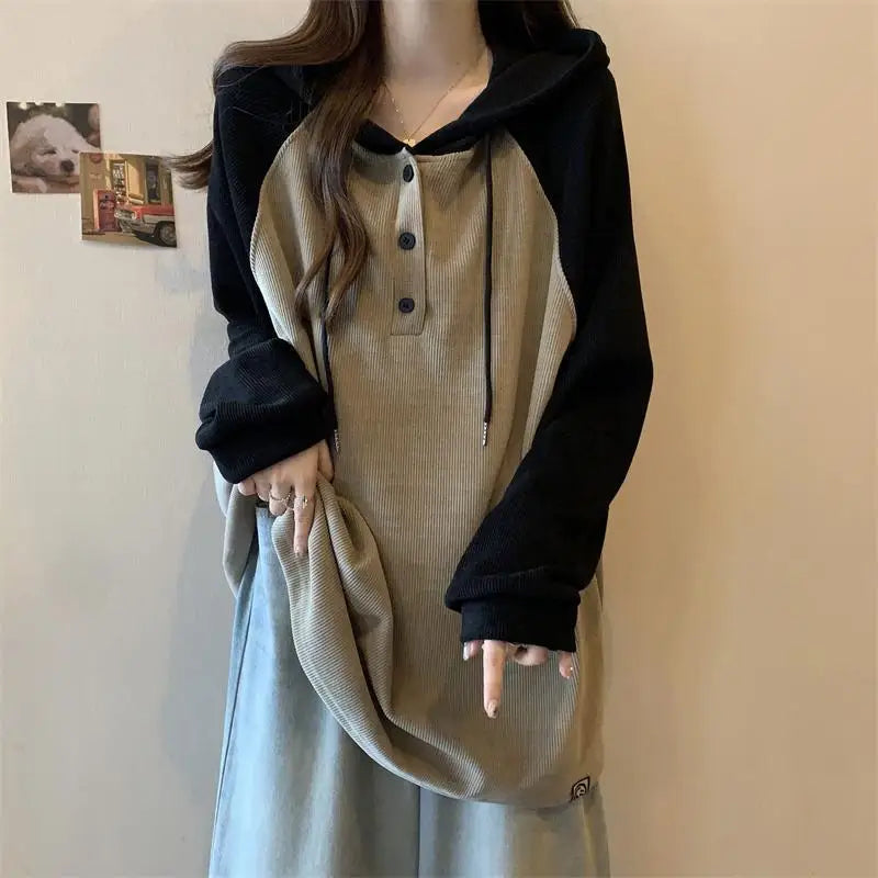 Women Clothing Fashion Casual Long Sleeve Hoodies Spring Autumn Loose Lazy Style Top Tee Office Lady Button Patchwork Pullover