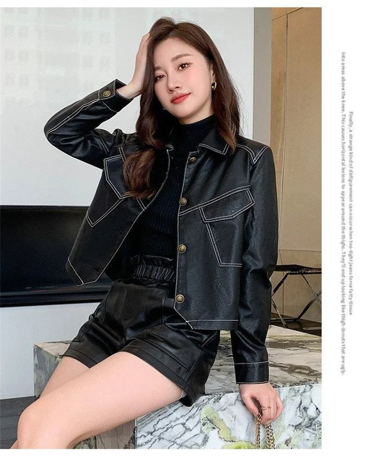 2026 Short PU Leather Coat Women's Spring Autumn New Jacket Ladies Fashion Outerwear Western Style Lapel Overcoat Leather Jacket