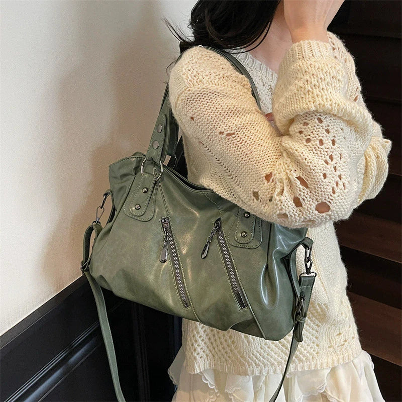 Retro Brand Roomy Shoulder Bag Female Luxury Solid Color Classic Crossbody Bag Large Capacity Style Soft PU Leather Tote Bag