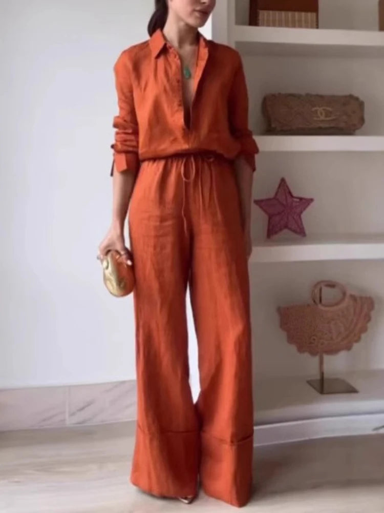 2025 Summer Fashion New Women's Commuting Style Women's Two Piece Set with Collar Single Breasted Shirt and Wide Leg Pants Set