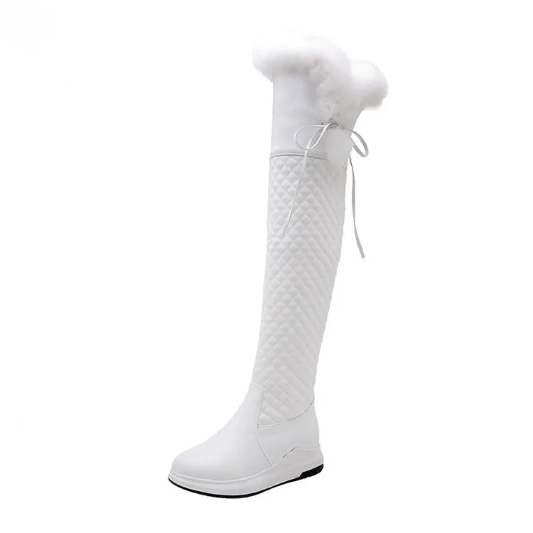 Women's Winter High Snow Boots Warm Fur Plush Black White Over the Knee High Boot Ladies Casual Wedge Heels Rain Shoe Waterproof