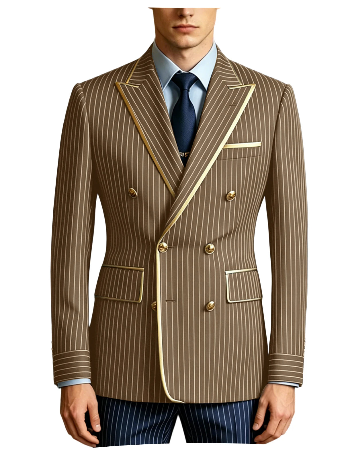 Men's Double Breasted Pinstripe Blazer Slim Fit Formal Business Suit Jacket Luxury Gold Trim  Tuxedo for Wedding Party Office