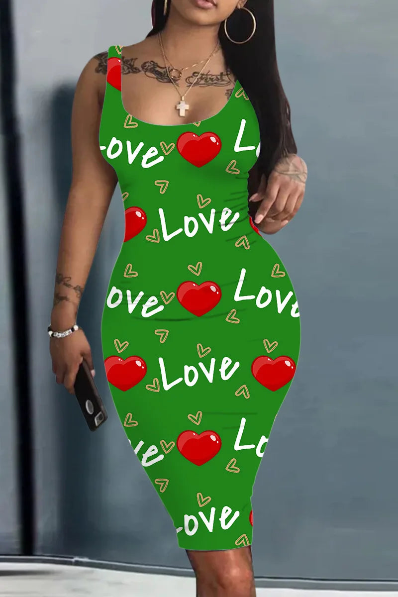 Платье Женское Plus Size Summer Women's Dress Large Size Contrast Heart Print U-Neck Sleeveless Casual Bodycon Mini Dresses