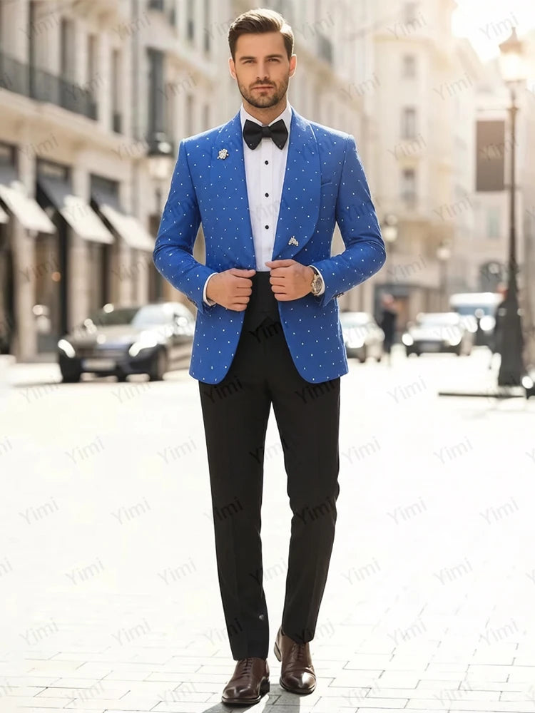 Luxury 2 Pieces Men Suits Shawl Lapel Single Breasted Tuxedo Wedding Outfit Blazer Crystal Prom Suit Jacket+Pants Customized
