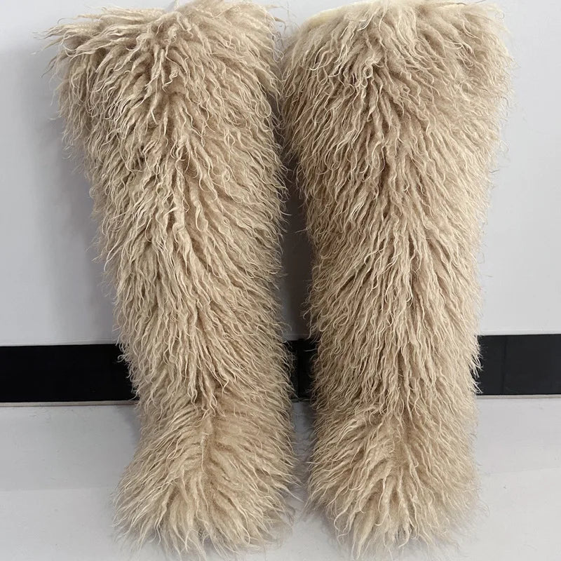 New Over The Knee Fur Boots Women Warm 72CM Long Faux Mongolian Fur Snow Boots Winter Luxury Fluffy Shoes Plush Platform Shoes