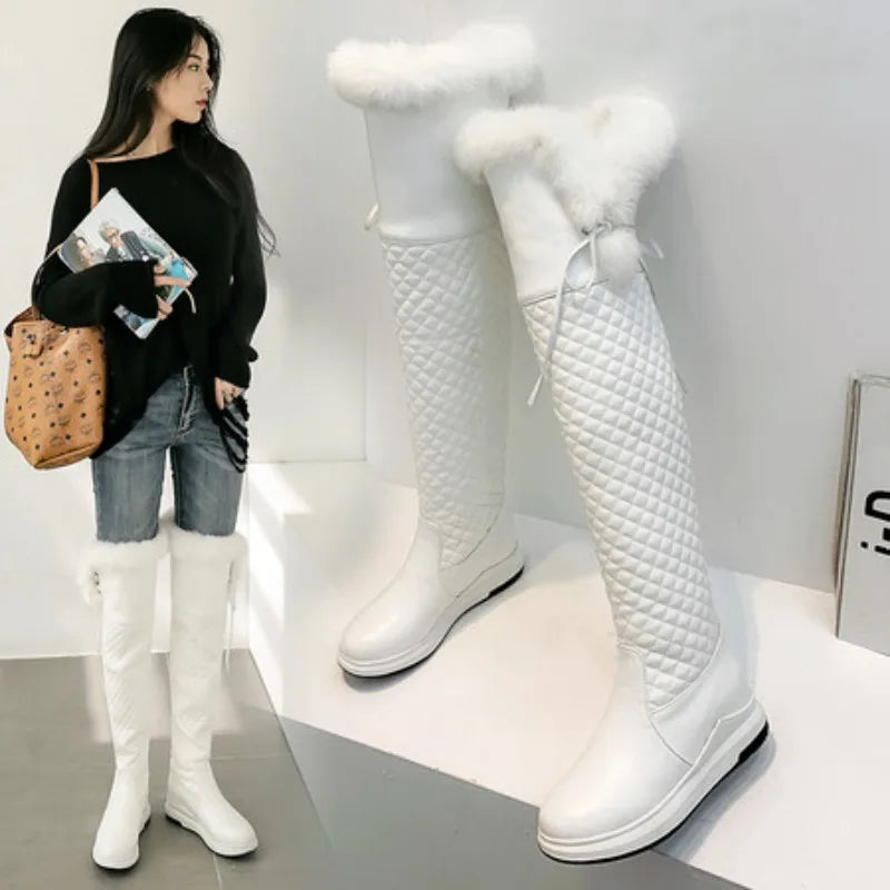 Women's Winter High Snow Boots Warm Fur Plush Black White Over the Knee High Boot Ladies Casual Wedge Heels Rain Shoe Waterproof