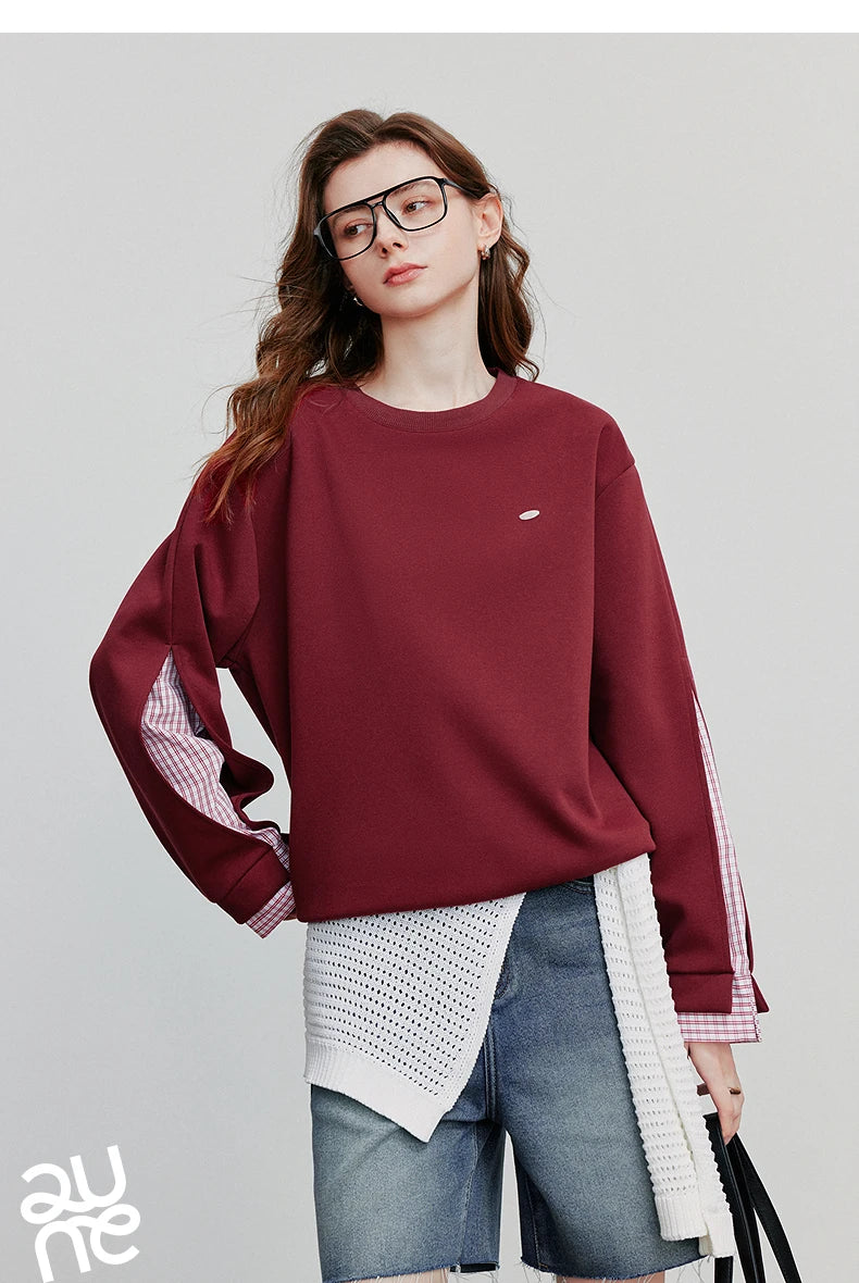 TOYOUTH Women Hoodies Sweatshirt 2025 Autumn New Patchwork Design Round Neck Long Sleeve Pullover Casual Tops