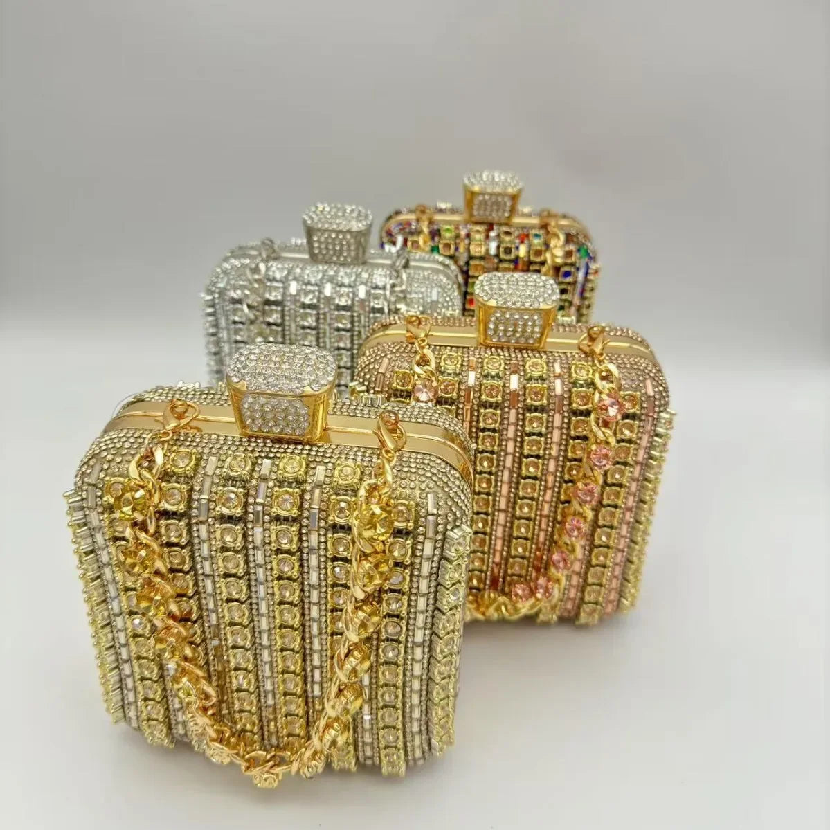 Handmade Diamond Encrusted Square Clutch Evening Bag Small Size Portable Sparkling Polyester Fiber Dinner Bag for Women