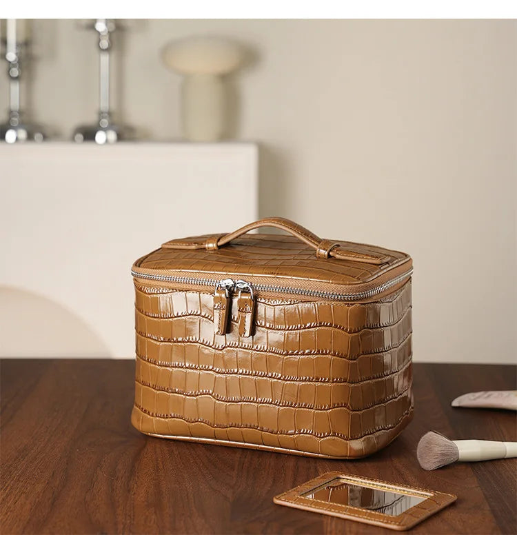 Firstgrain Cowhide Himalayan Crocodile Pattern Vanity Case Genuine Leather Square Portable Large-Capacity Hand-Held Cosmetic Bag