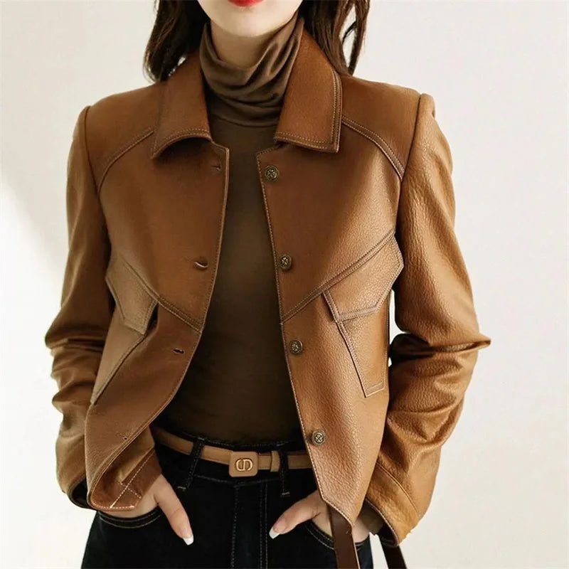 2026 Short PU Leather Coat Women's Spring Autumn New Jacket Ladies Fashion Outerwear Western Style Lapel Overcoat Leather Jacket