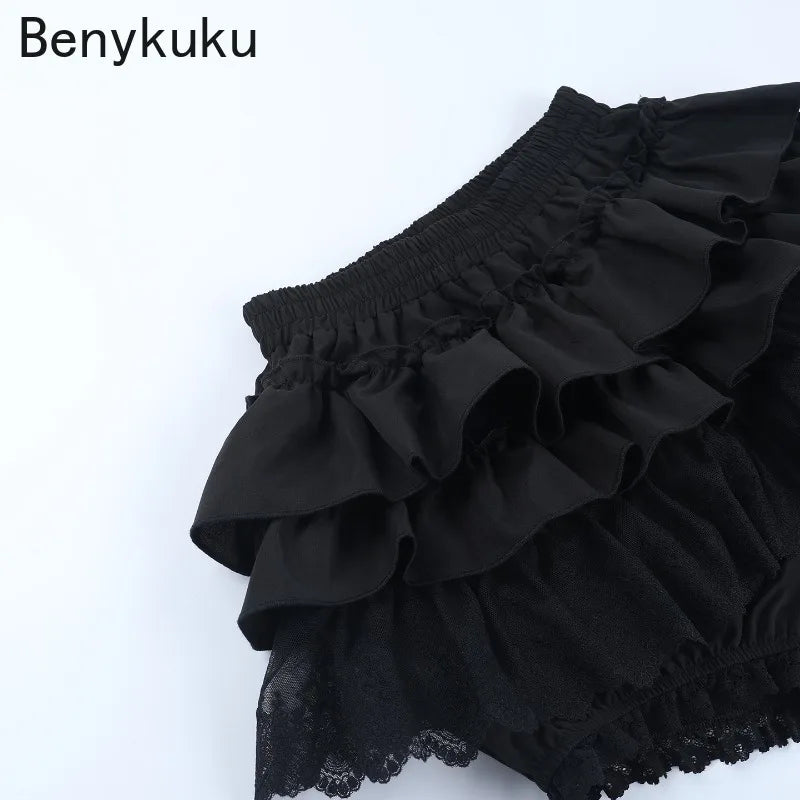 Gothic Punk Girls Kawaii High Waist Shorts Skirts Lolita Vintage Lace Ruffles Shorts Y2k E-girl Black Women Pumpkin Bloomers