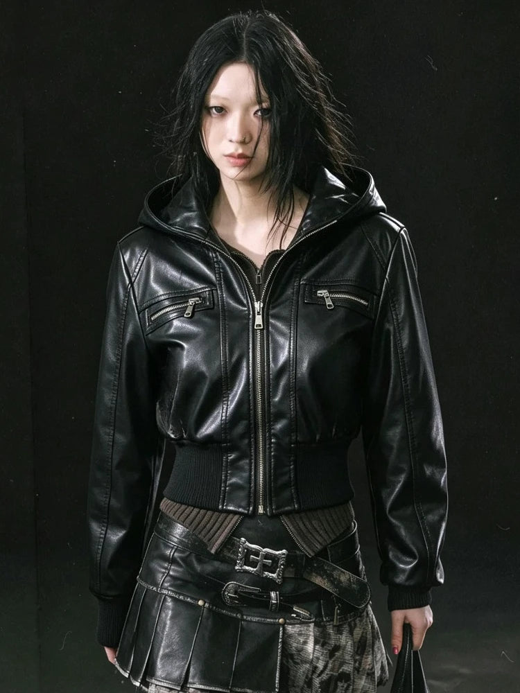 2026 Autumn Gothic Punk Leather Jackets for Women American Vintage Subculture Long Sleeve Slim Black Club Party Outerwear Coat