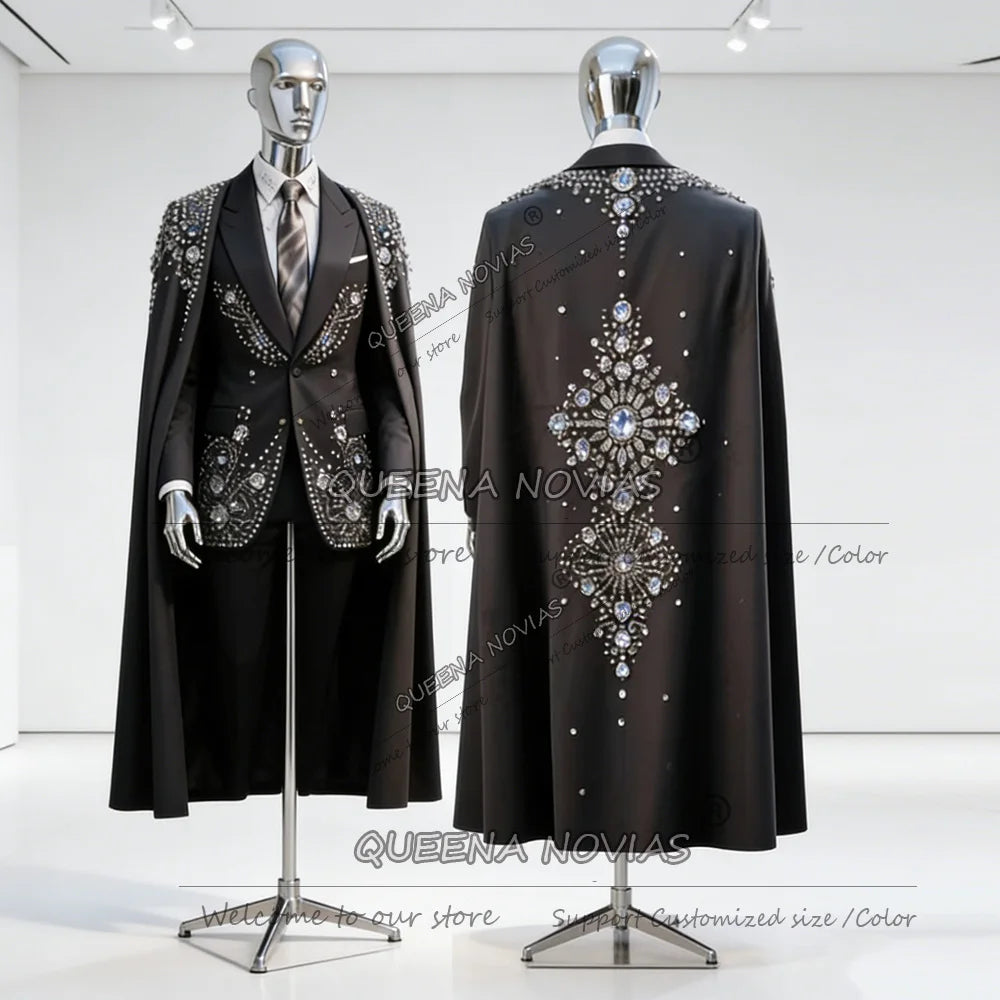 Exclusive Jewelry Stones Suits Men With Long Cape Customized Single Breasted Prom Blazer Outfit Man Banquet Groom Wedding Tuxedo