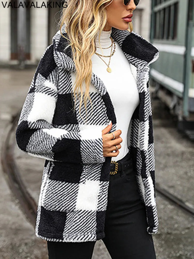 2026 Autumn Winter Long Sleeve Thick Jacket For Women Plush Warm Button Casual Coat Lady Elegant Loose Plaid Coat Female Clothes