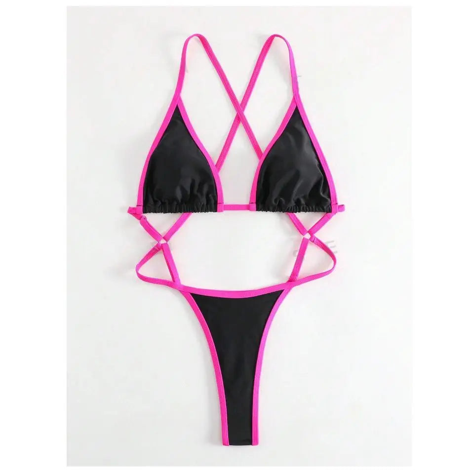 Cikini Summer Beach Women's Contrast Trim Halterneck One-Piece Swimsuit Sexy Swimwear Bathing Suit