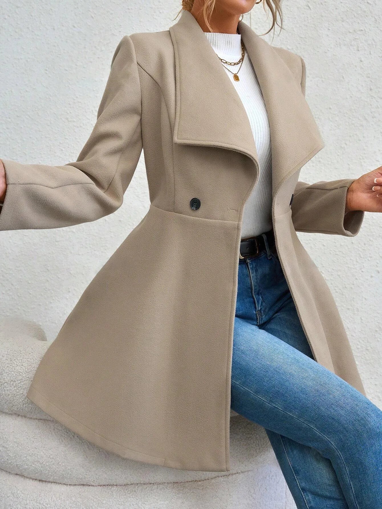 Autumn Winter Women Coat Fashion Solid Color Lapel Collar Single-breasted Slim Fit Female Woolen Coat Mid Length Lady Overcoat