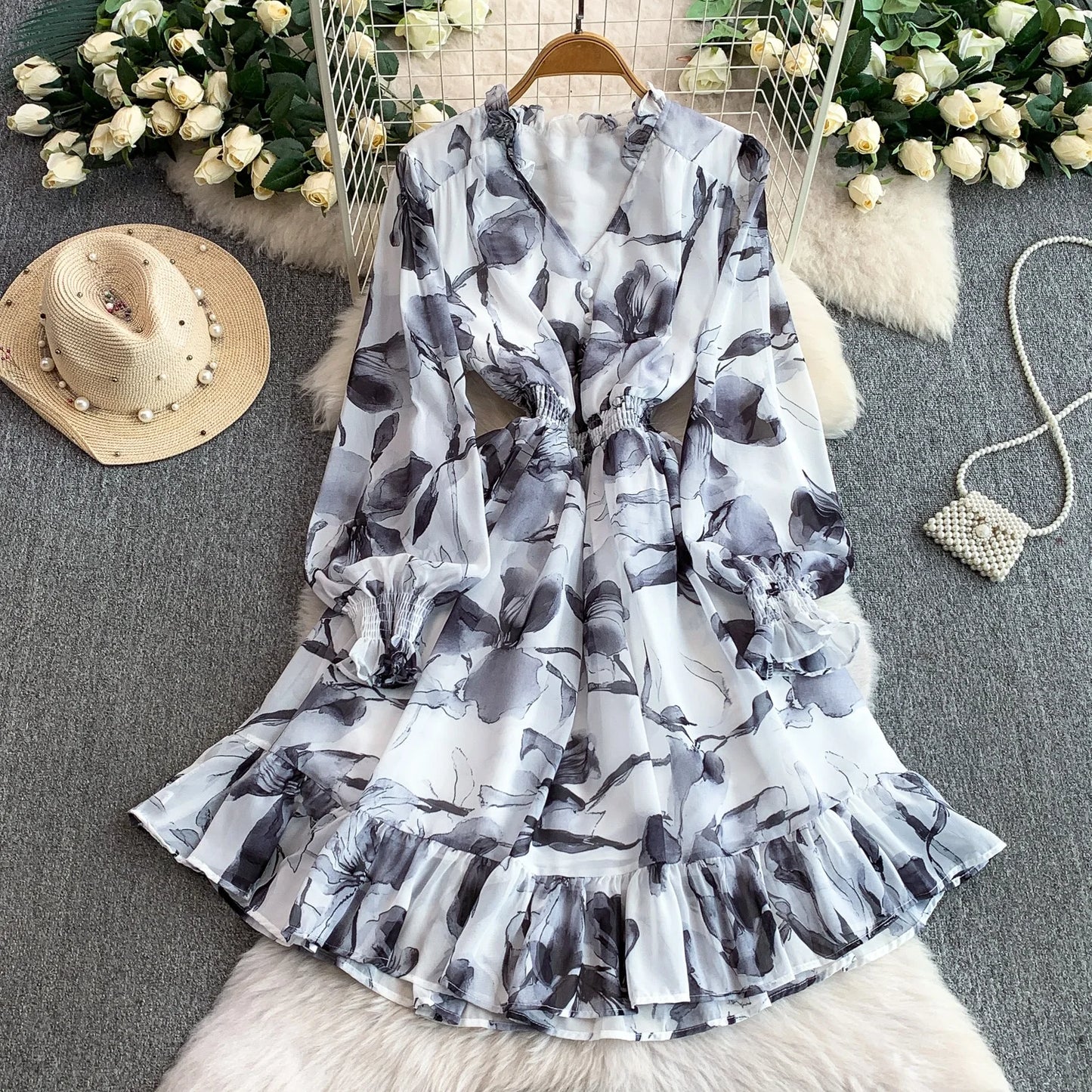 Vaion Sle V-Ne Printed Chiffon Women's Dr Elastic Waist Slimming A-Line Midi Skirt Bell Sve Long Sve Winter D...