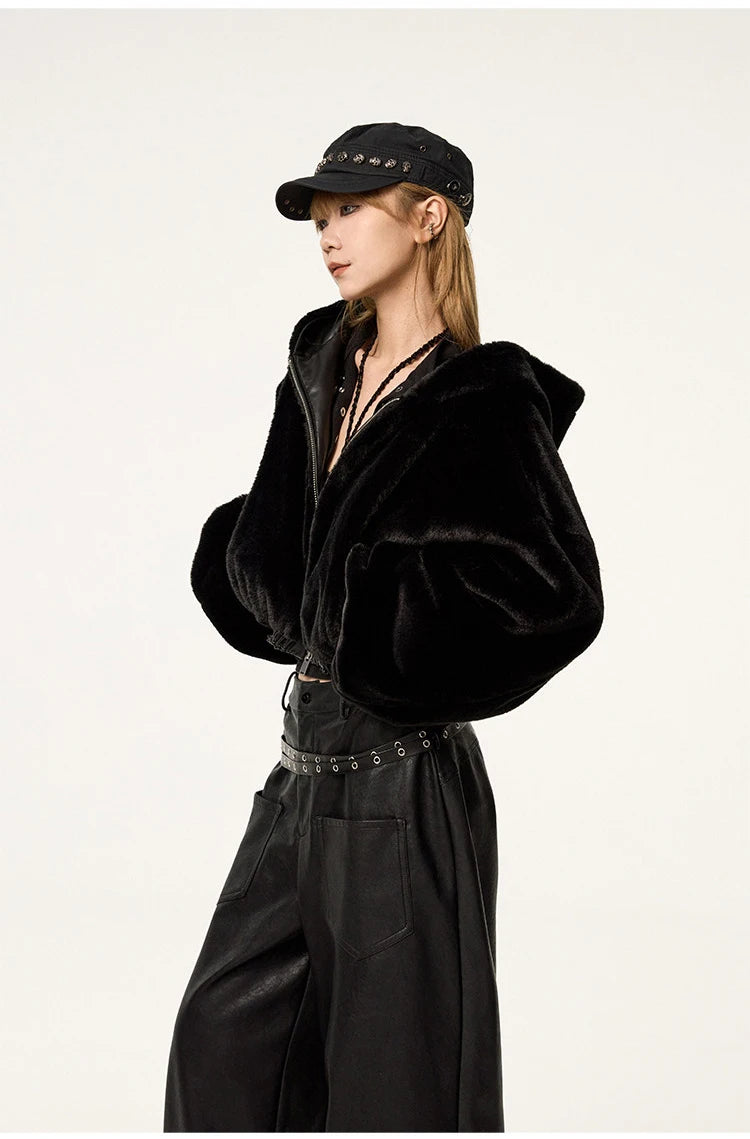 Lautaro Spring Autumn Cool Warm Thick Oversized Black Short Reversible Soft Pu Leather Jacket Hoodie Women with Faux Fur Inside