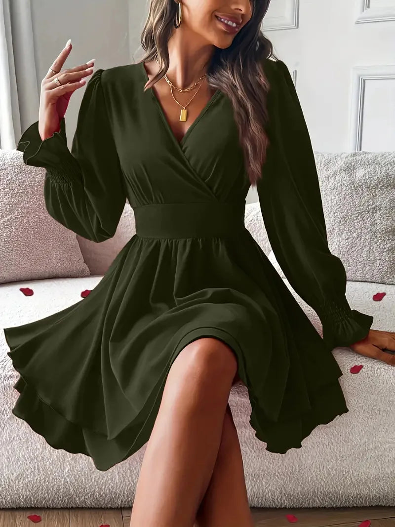 Dresses 2025 Woman Clothing V Neck Lantern Sleeve Wrap Mini Dress Ruched High Waist Elegant For Autumn Party Dress Vestidos