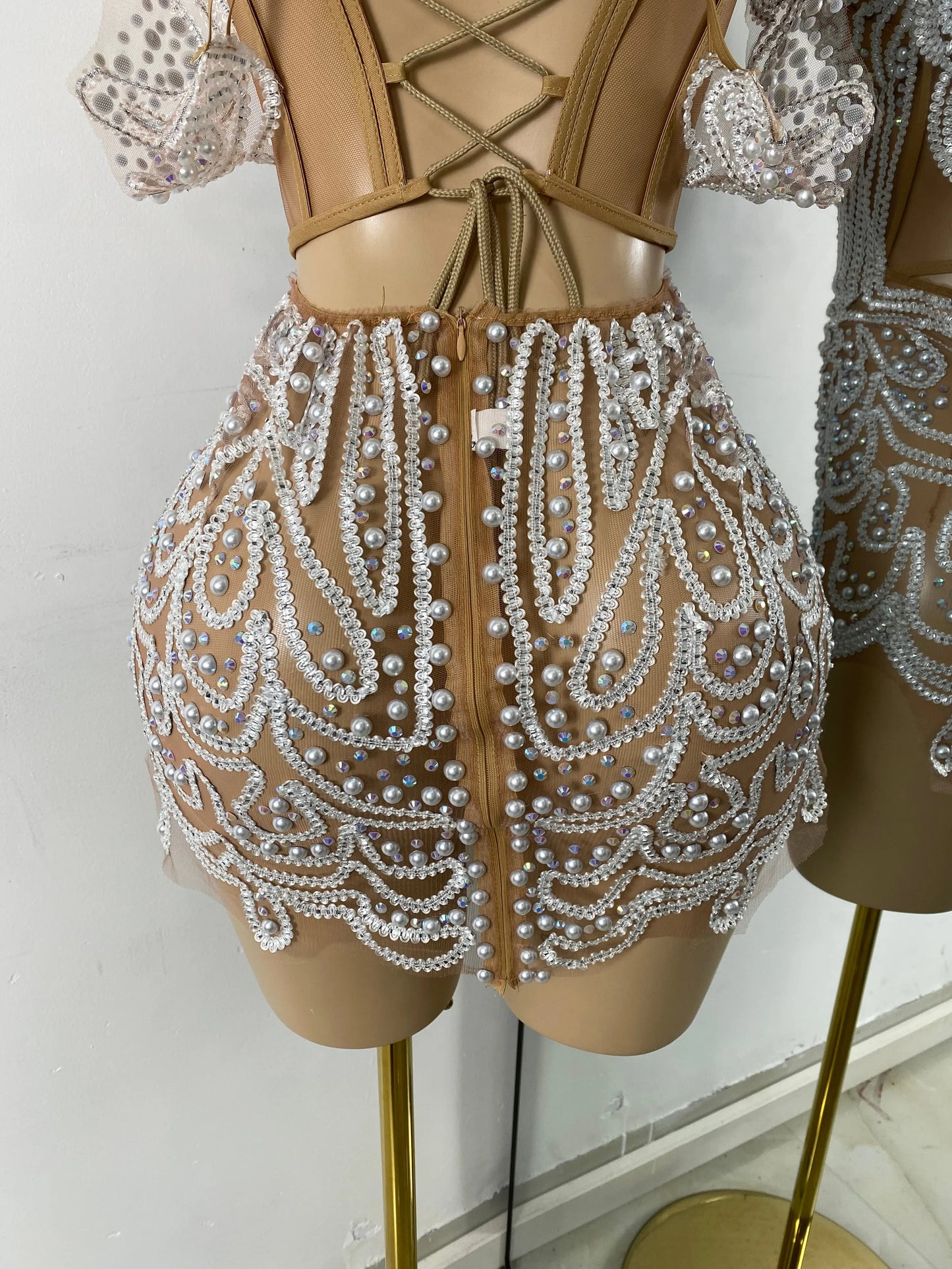 Luxury Pearls Sparkly Rhinestones Women Sexy Off Shoulder Mesh See Through Mini Bodycon Birthday Dress Party Performance Costume