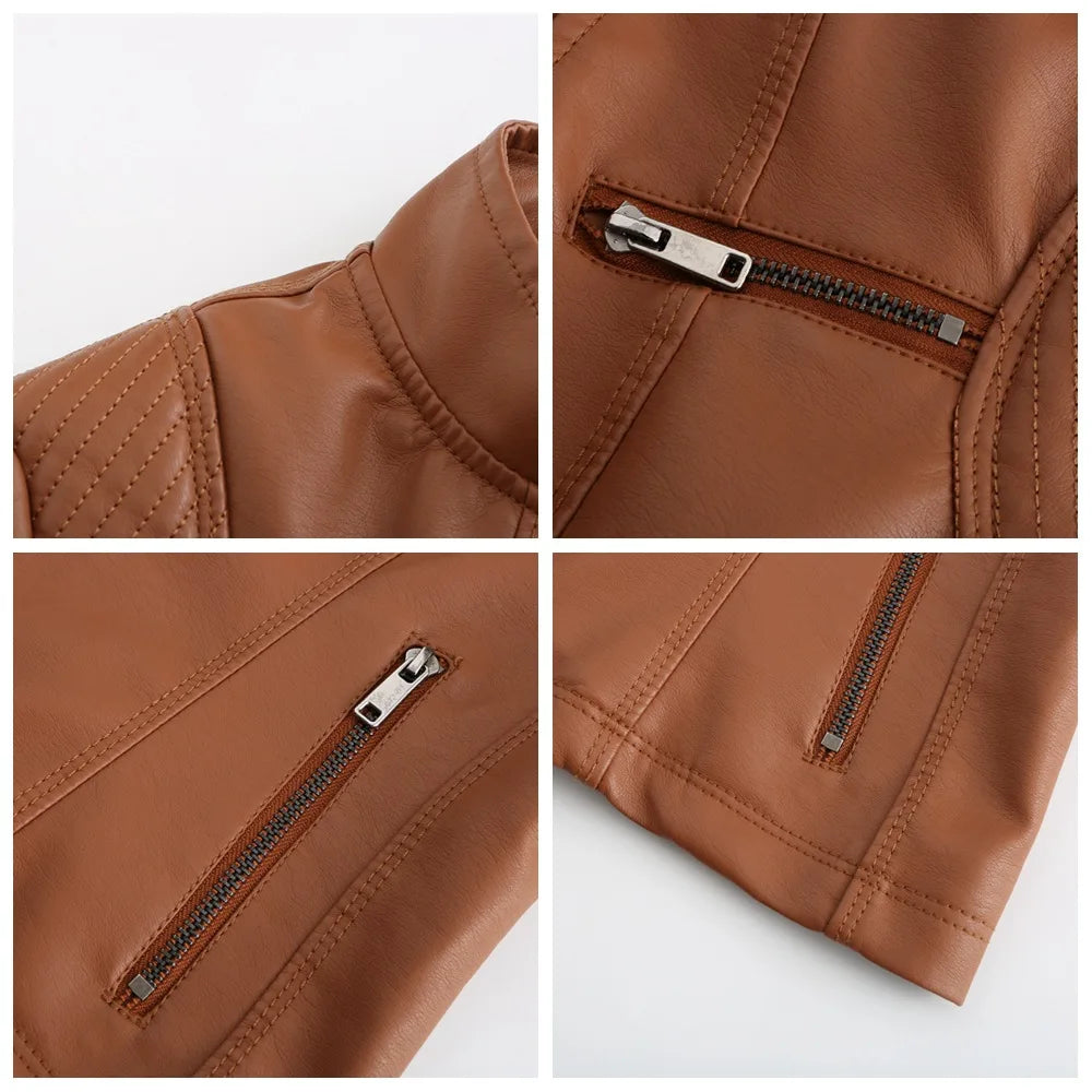 2026 New Women's Slim Leather Jacket, Stand-up Collar, Zipper Stitching, Monochromatic PU Coat, Fashion Clothing.