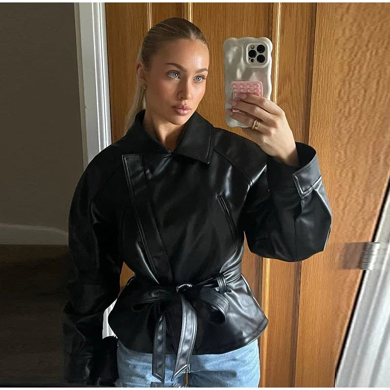 Black Belt Women's Leather Jacket Lapel Full Sleeve Zip-up Lace Up Waist Cinching Cropped Coats 2026 Autumn Street Lady Jackets