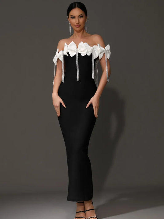 Women Celebrity Sexy Off Shoulder Bow Tie Diamonds Black Maxi Long Bandage Dress 2024 Knitted Elegant Evening Club Party Outfit