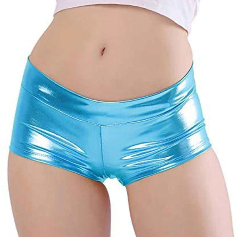 Women's Shining Metallic Booty Shorts Low Waist Dance Bottoms Faux Leather Hot Pants Dance Festival Costumes