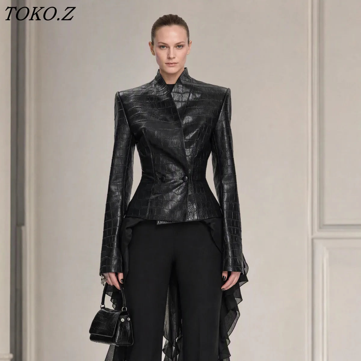 TOKO 2026 New Women V Neck Embossed Faux Leather Jacket Double Button Fitted Waist Long Sleeve Solid Black Slim Short