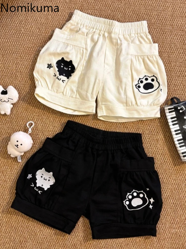Cute Japanese Shorts for Women Cartoon Embroidery Pockets Black Shorts 2025 New Tottoms Casual Chic Pantalones Cortos De Mujer