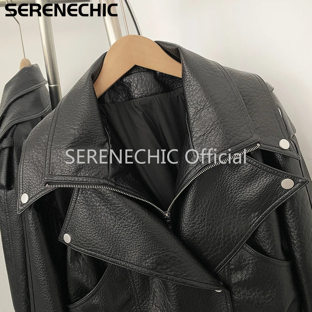 SERENECHIC Women's Black Faux Leather Cropped Moto Jacket Asymmetric Zip PU Biker Coat Female New Autumn Vintage Punk Outerwear