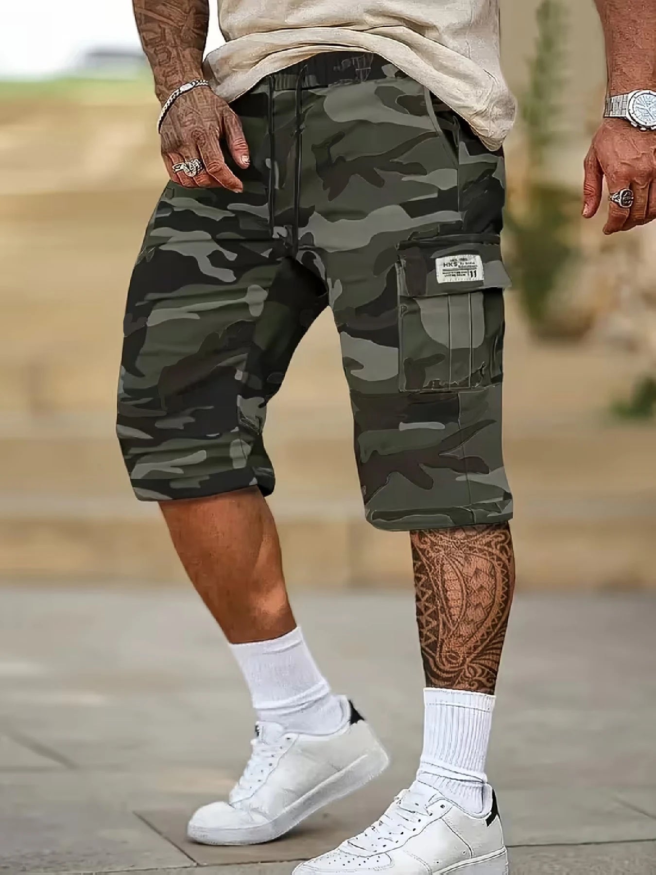 Men's Casual Cargo Shorts — All-Over Print, Non-Stretch Woven Fabric. Features a Dual Elastic Waistband and Drawstring Design; A