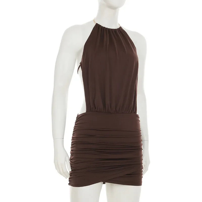 Metal Ring Halter Ruched Bodycon Mini Dress Women 2025 Summer Sleeveless Lace Up Backless Hipster Slim Party Clubwear Vestidos