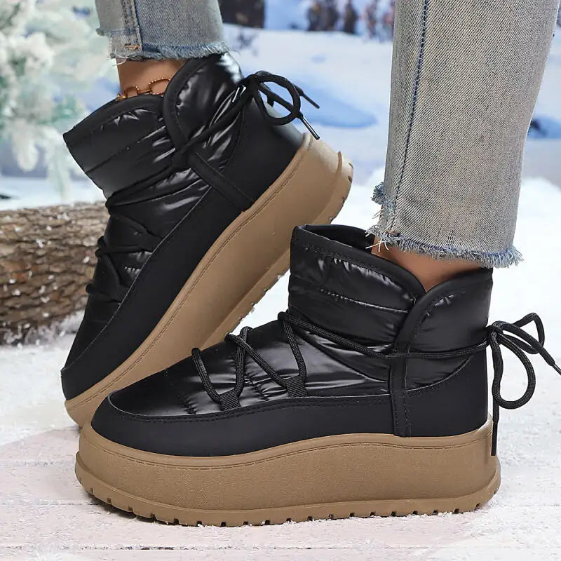 Comfort Platform Waterproof Snow Boots Women 2026 Winter Lace Up Decoration Thick Bottom Moon Boots Women Plush Short Booties