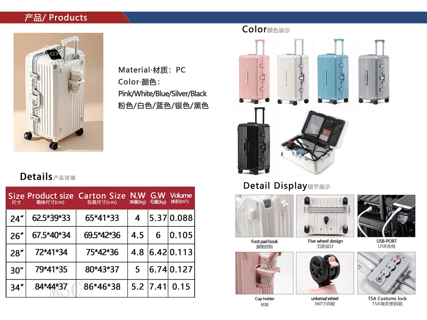Five-wheeled Luggage 34 inch Thicken Aluminum Frame Suitcase USB Cup Holder Large Capacity TSA Lock Trolley Case Brake Wheel 24"