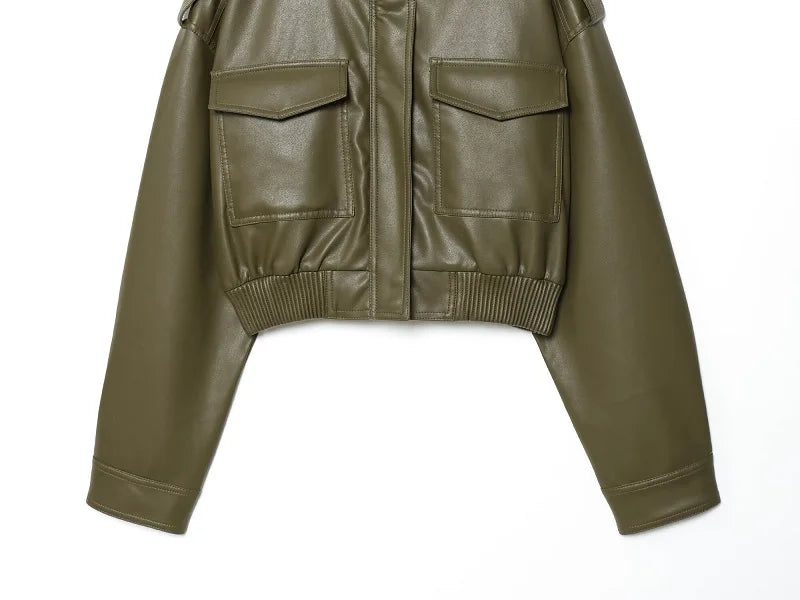 MUJER Faux Leather Cropped Jacket Women Bomber Demi-season Jackets for Women Long Sleeve Women's Coats Zip Overcoat Jacket Women