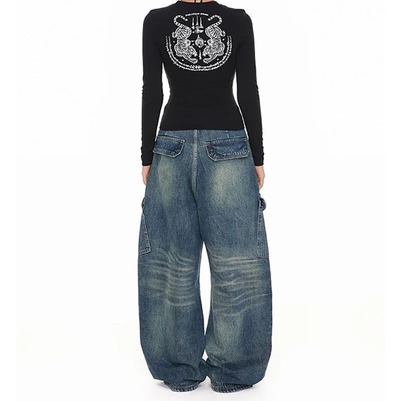 Fashionable Casual Multi Pocket Curved Jeans Men'S And Women'S Micro Flared Wide Leg Pants Straight Leg Workwear Pants