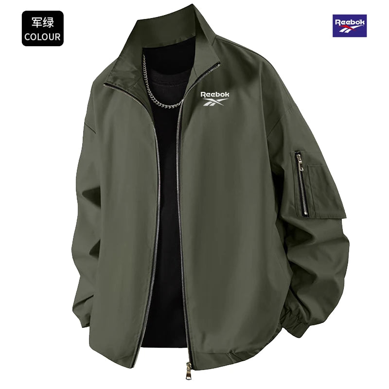 Reebok's New Men's Lightweight Spring-Autumn Casual Stand-Up Collar Outdoor Sports Coat Features a Zipper Design on the Sleeves.