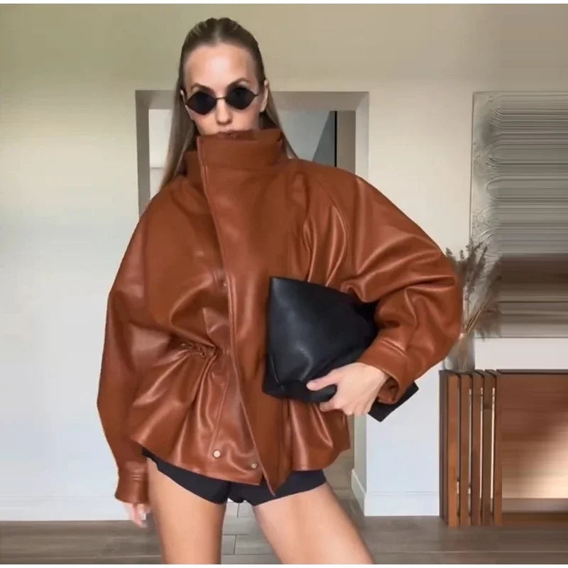 Fashion Solid Faux Leather Women's Jacket  Lapel Waist Cinching Loose Long Sleeves Coat Chic 2026 Spring Autumn New Street Wear