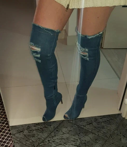 Summer Autumn Thigh High Boots Women Fashion Peep Toe Over The Knee Boots Blue Denim Jeans Zipper Long Boots Shoes Ladies