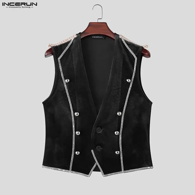 INCERUN Men's Vests Velour Patchwork Lapel Sleeveless Button Male Waistcoats Elegant Streetwear Fashion Casual Vests For Man