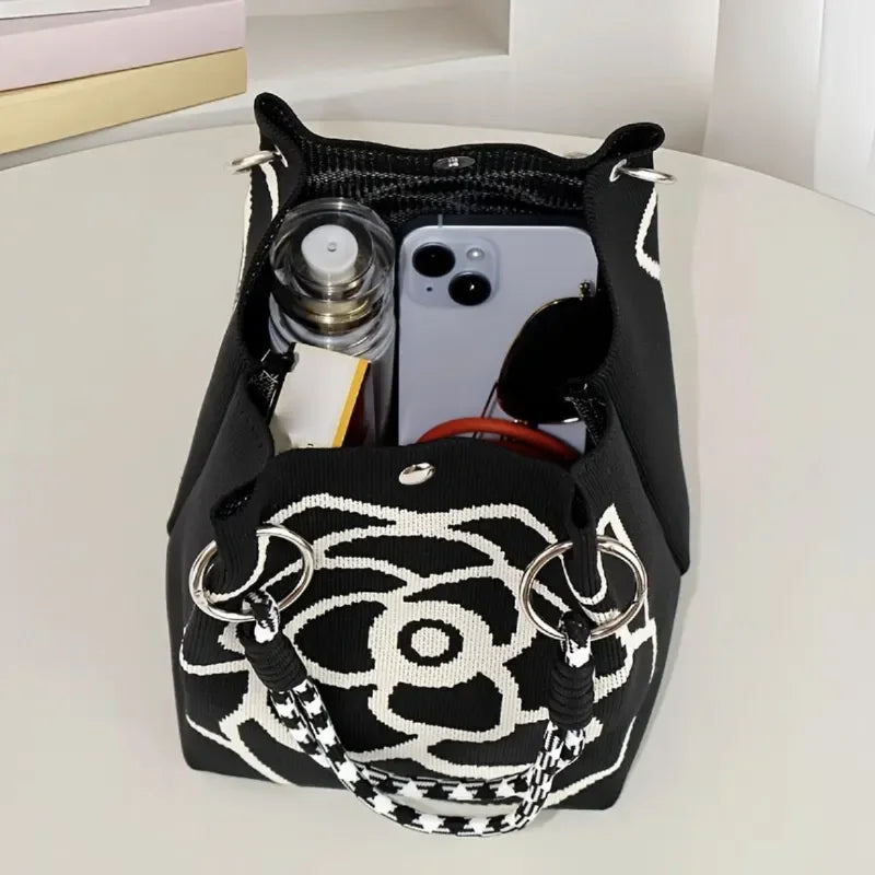 Fashion Flowers Knit Handbag Women Shoulder Bag Color Contrast Portable Ladies Beach Handbag Shopping Tote