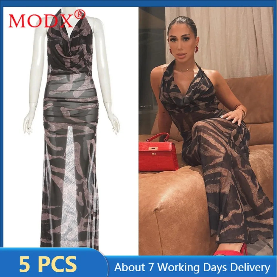 5 Wholesale Items for Boutique Dresses Summer Women Clothing Sexy Halter V-neck Print Maxi Vestido Party Club Evening Y2k M15828