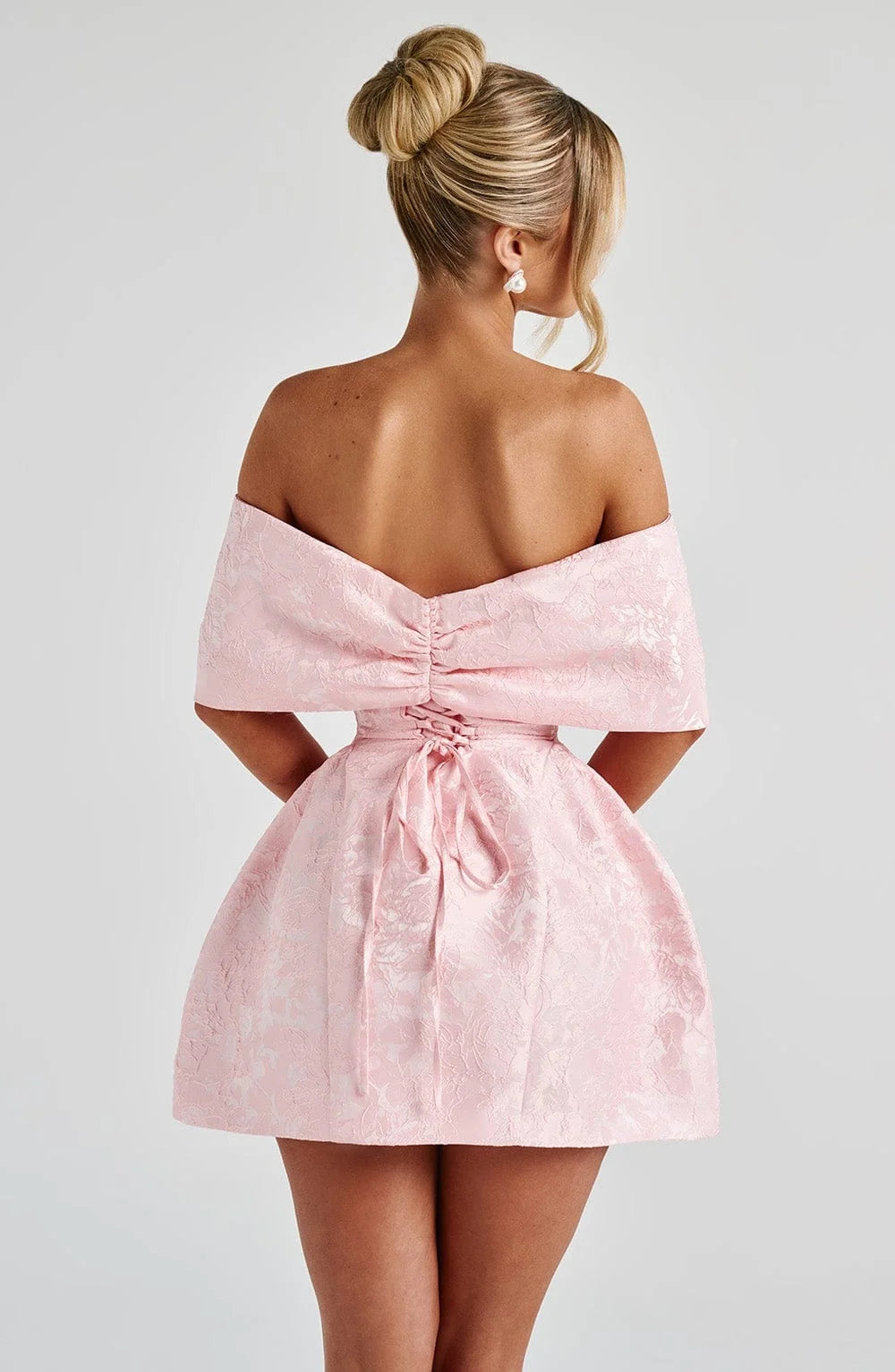 Pink Big Bow Jacquard Prom Dress Off Shoulder Women Formal Evening Gowns Fitted Mini Skirt For Wedding Cocktail Party